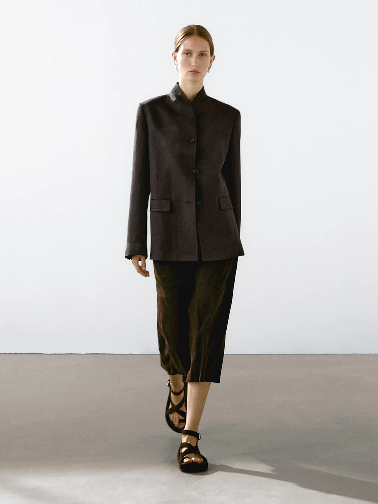 Linen blend high neck blazer