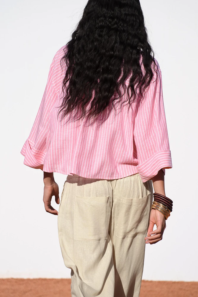 CHEMISE COURTE À RAYURES AVEC LIN