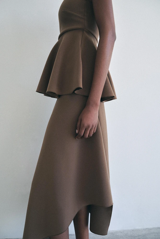 ASYMMETRICAL CREPE MIDI SKIRT