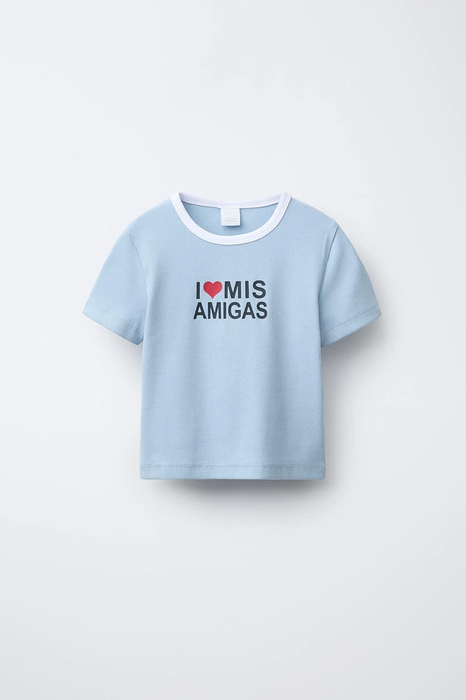 CONTRAST TEXT RIBBED T-SHIRT