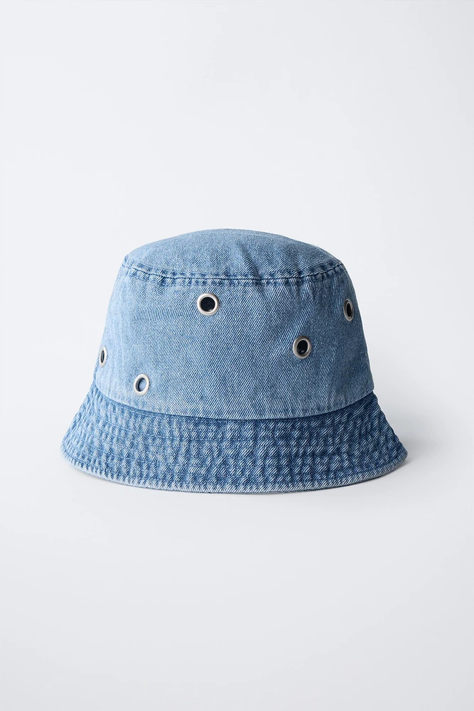 DENIM BUCKET HAT WITH EYELETS