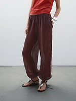 Flowing ramie blend drawstring trousers