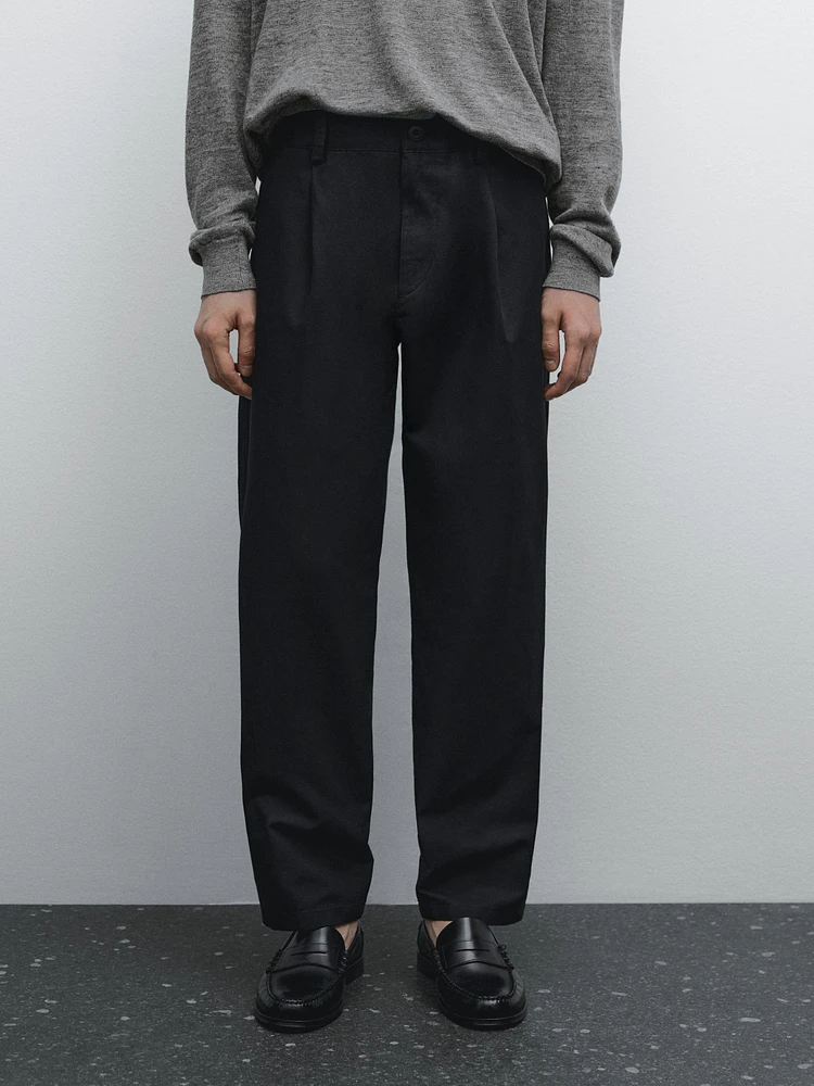 Cotton blend relaxed fit trousers