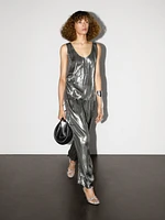 Flowing metallic trousers with gathered detail