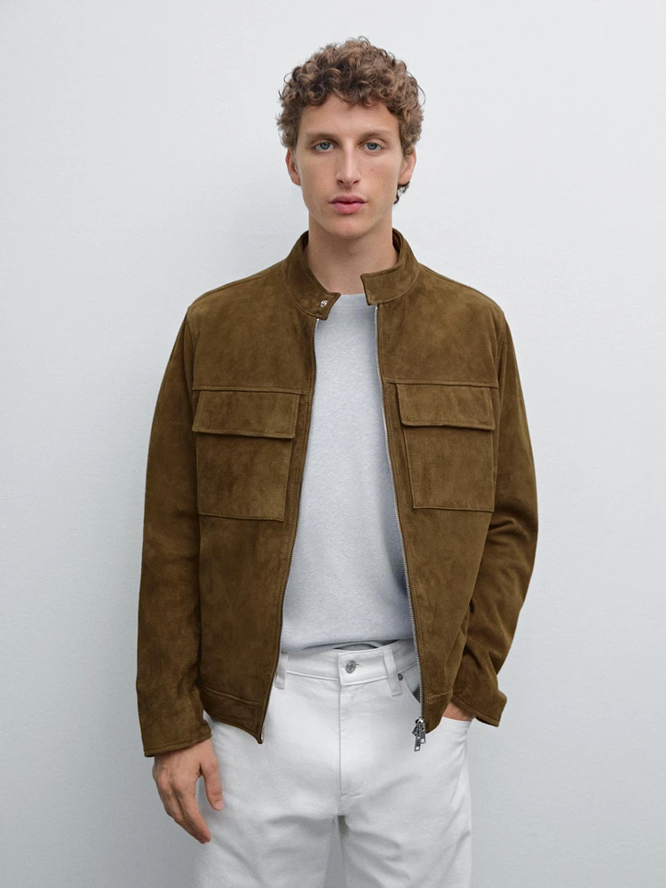 Suede leather biker jacket with pockets