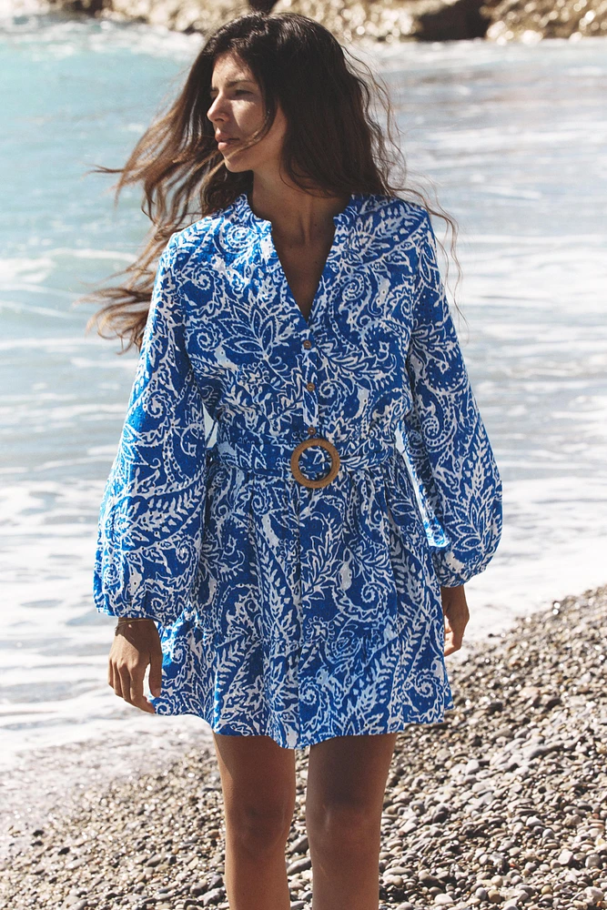 EMBROIDERED BELTED SHIRT DRESS