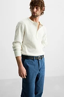 BUTTON-NECK CHECKERED T-SHIRT