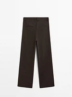 Wide-leg pleated cotton blend trousers