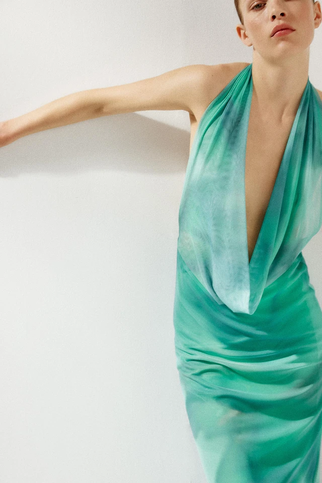 zara green tulle dress Green Floral Faux-Wrap Casual Dress with Sleeves Sage / Large