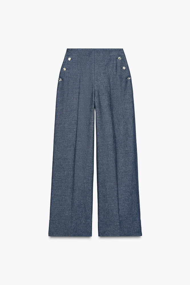 WIDE LEG LINEN PANTS WITH BUTTONS