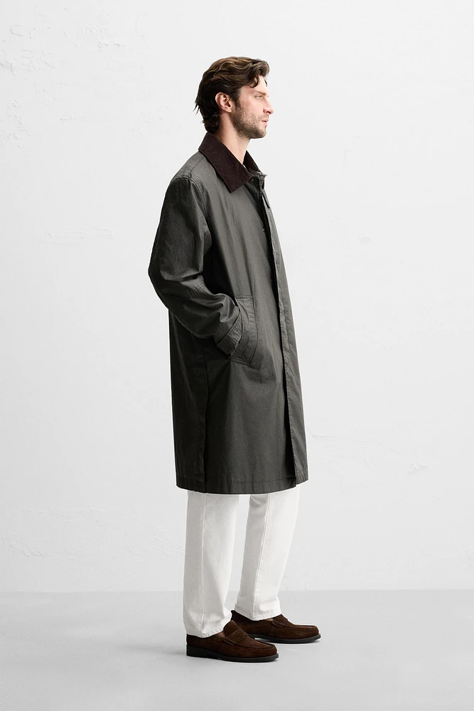 WAXED TRENCH COAT WITH CONTRAST COLLAR