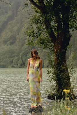 PRINTED TULLE MIDI HALTER DRESS