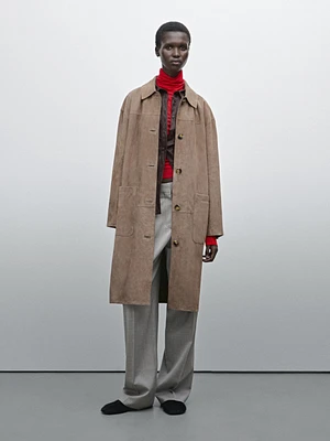 Suede leather trench coat