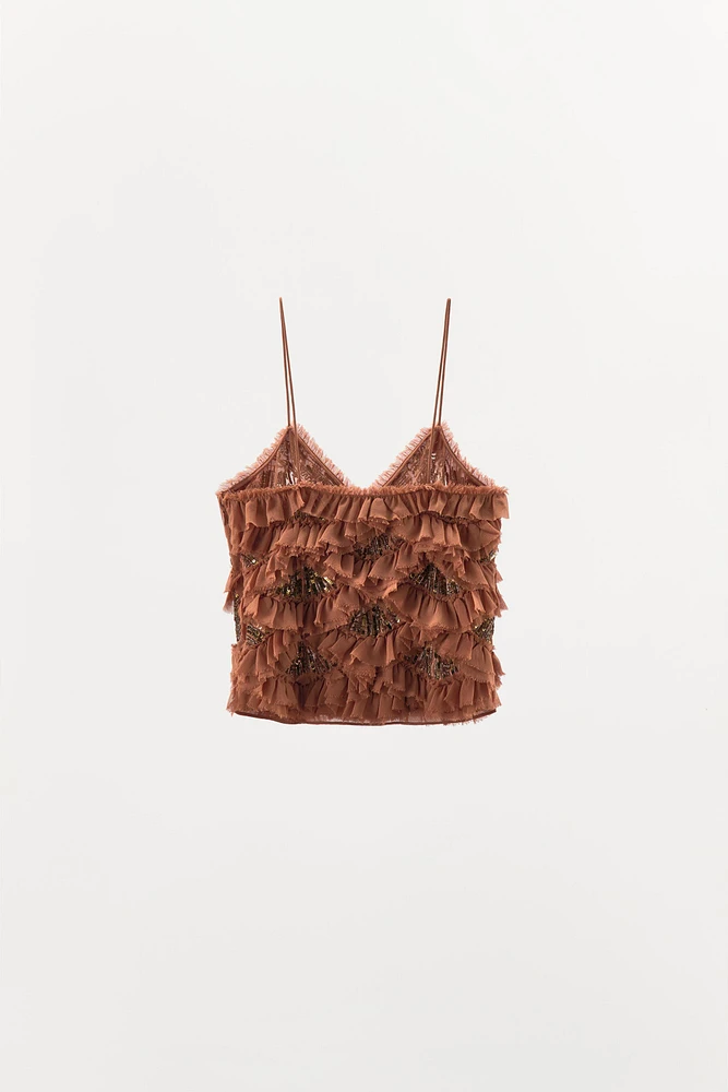 EMBROIDERED RUFFLED TOP