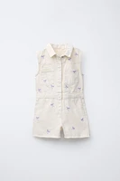 EMBROIDERED BOW TWILL SHORT JUMPSUIT
