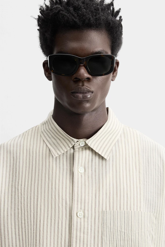 LINEN-COTTON STRIPED PATCHWORK SHIRT