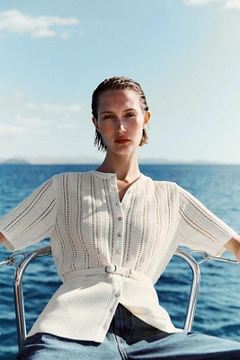 POINTELLE KNIT CARDIGAN WITH BELT