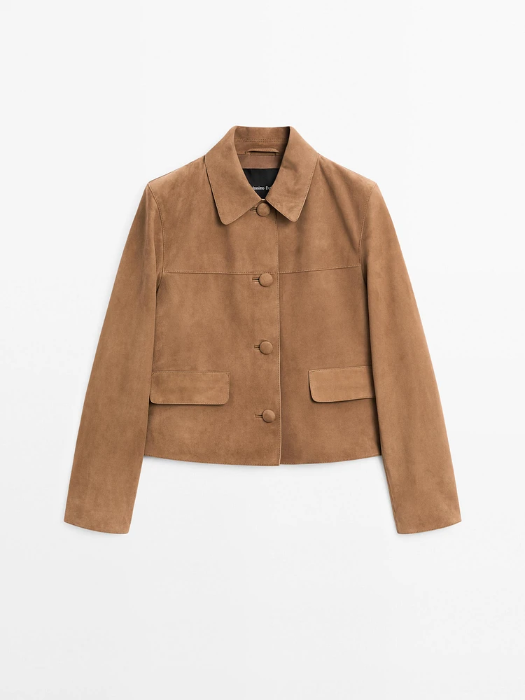 Suede leather jacket with lined buttons