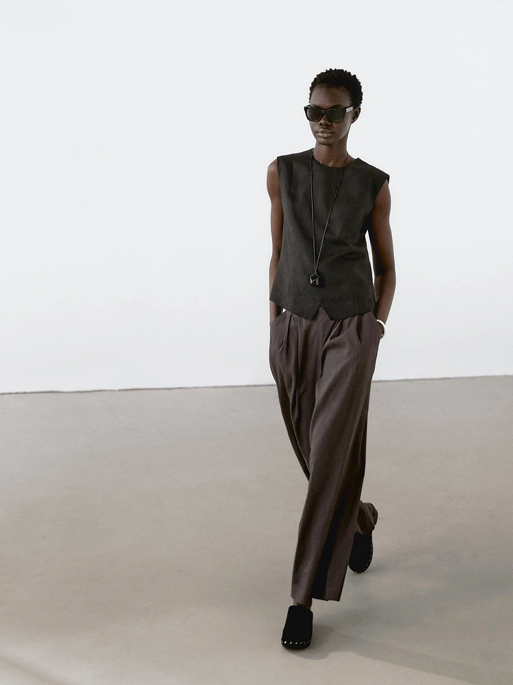Pantalon plissé en lin mélangé