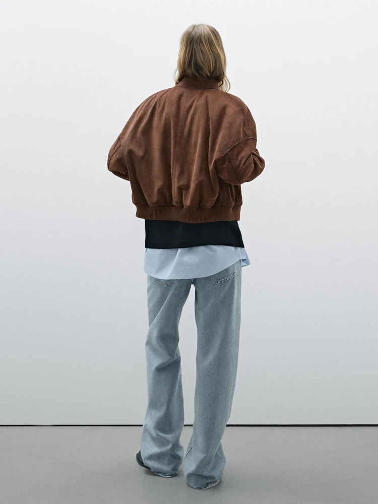 Suede leather bomber jacket with pockets