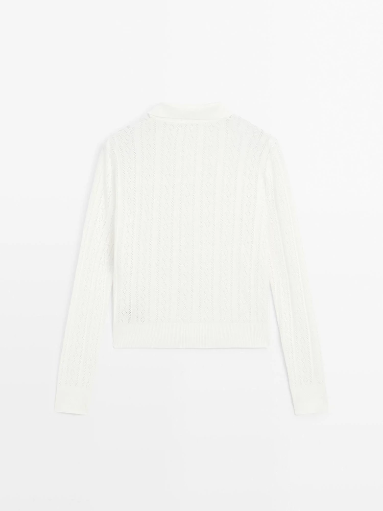 Cotton blend knit polo collar sweater