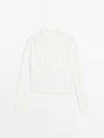 Cotton blend knit polo collar sweater