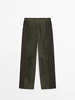 Suede leather trousers with linen detail