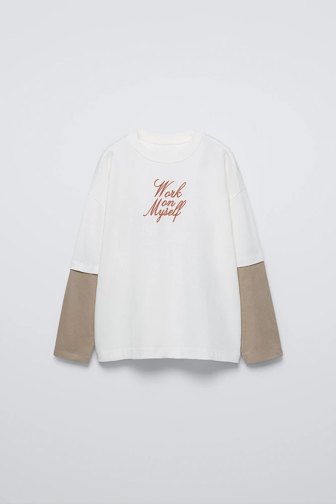 LAYERED SLEEVE TEXT T-SHIRT