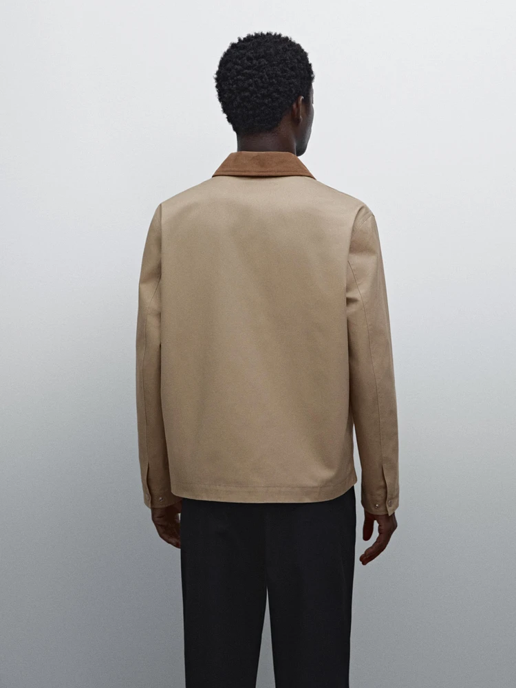 Cotton jacket with leather collar detail
