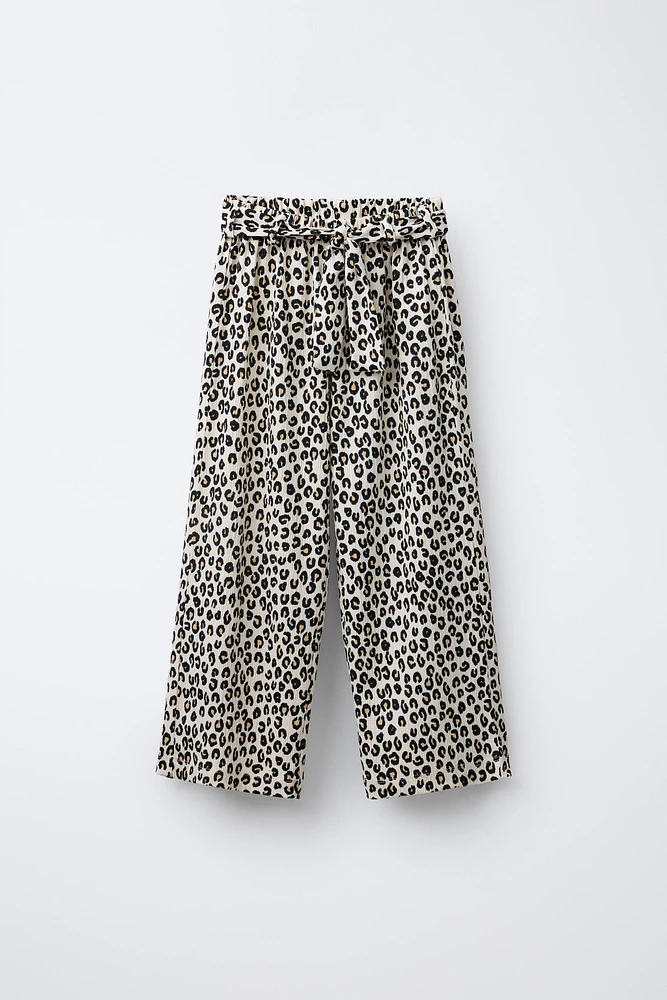ANIMAL PRINT TEXTURED BELTED PANTS