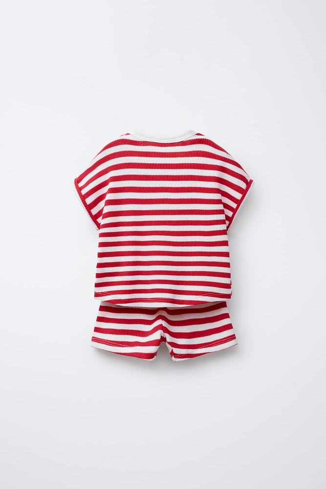 ENSEMBLE T-SHIRT ET BERMUDA GAUFRÉ RAYURES