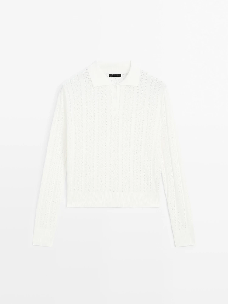 Cotton blend knit polo collar sweater