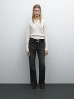 Cotton blend knit polo collar sweater