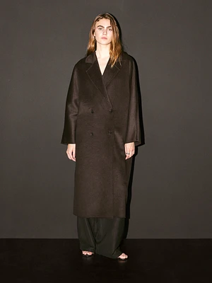 Long double-breasted wool blend coat