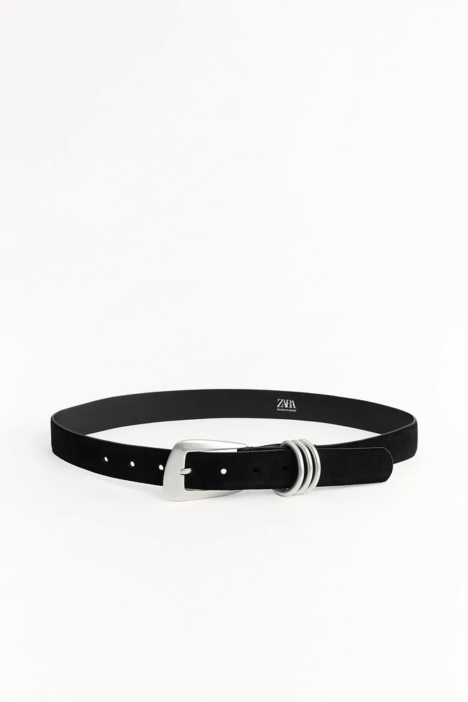 SPLIT LEATHER BELT WITH RECTANGULAR BUCKLE