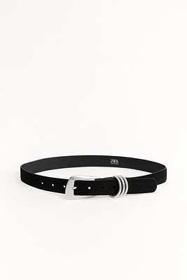 SPLIT LEATHER BELT WITH RECTANGULAR BUCKLE