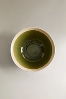 GREEN AND BEIGE STONEWARE APPETIZER BOWL