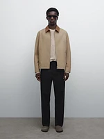 Cotton jacket with leather collar detail