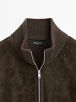 Contrast knit suede leather jacket