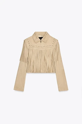 100% SUEDE LEATHER JACKET WITH STUDS AND FRINGE