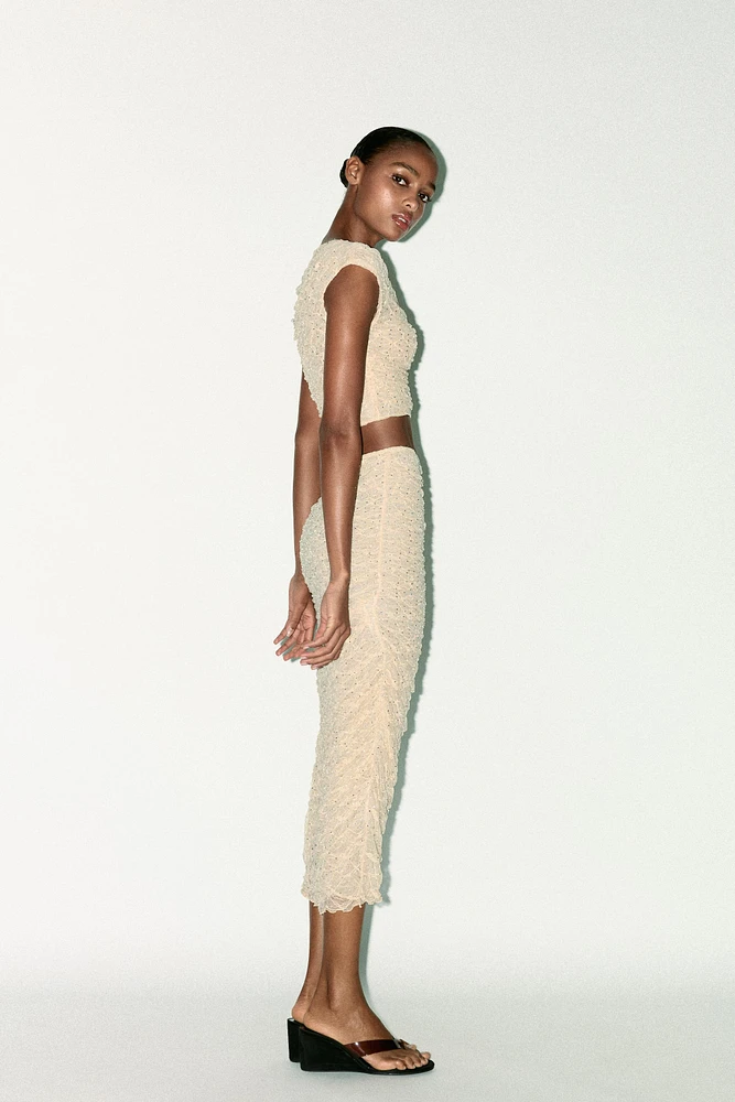 DRAPED LACE RHINESTONE SKIRT