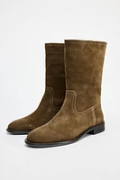 SPLIT LEATHER FLAT ANKLE BOOTS