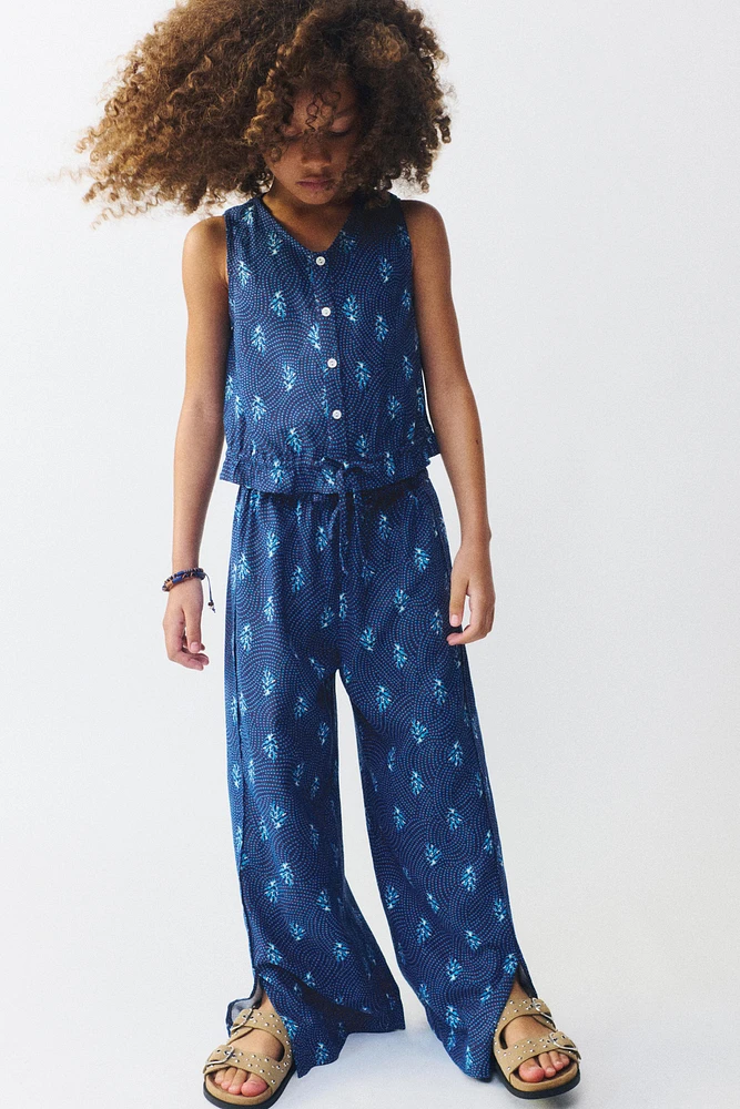 PRINTED LINEN SLIT PANTS