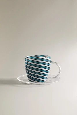 BOROSILICATE GLASS MUG AND SAUCER WITH SPIRAL DETAIL