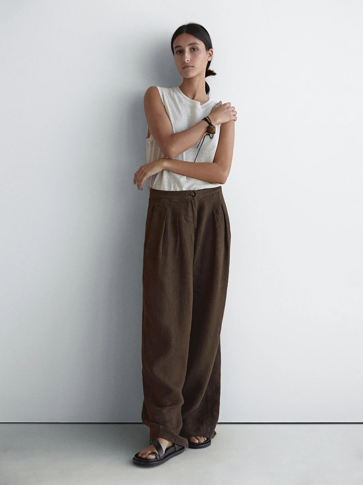 Pantalon wide leg 100 % lin