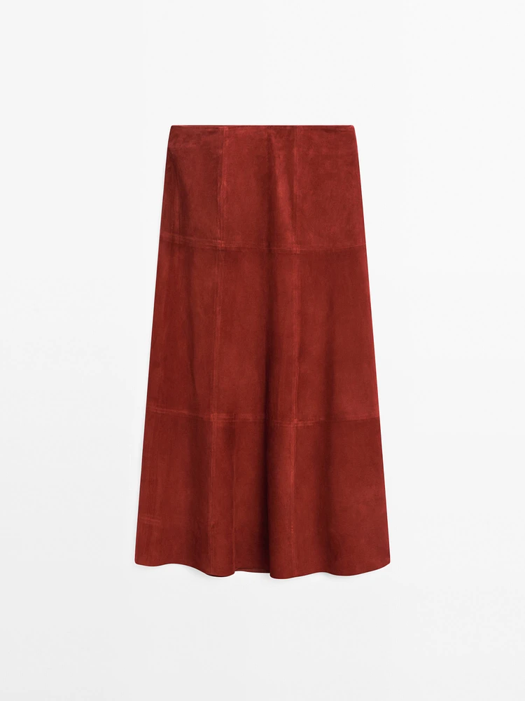 Suede leather flared midi skirt