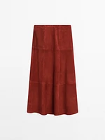 Suede leather flared midi skirt