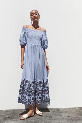 STRIPED EMBROIDERED MIDI DRESS