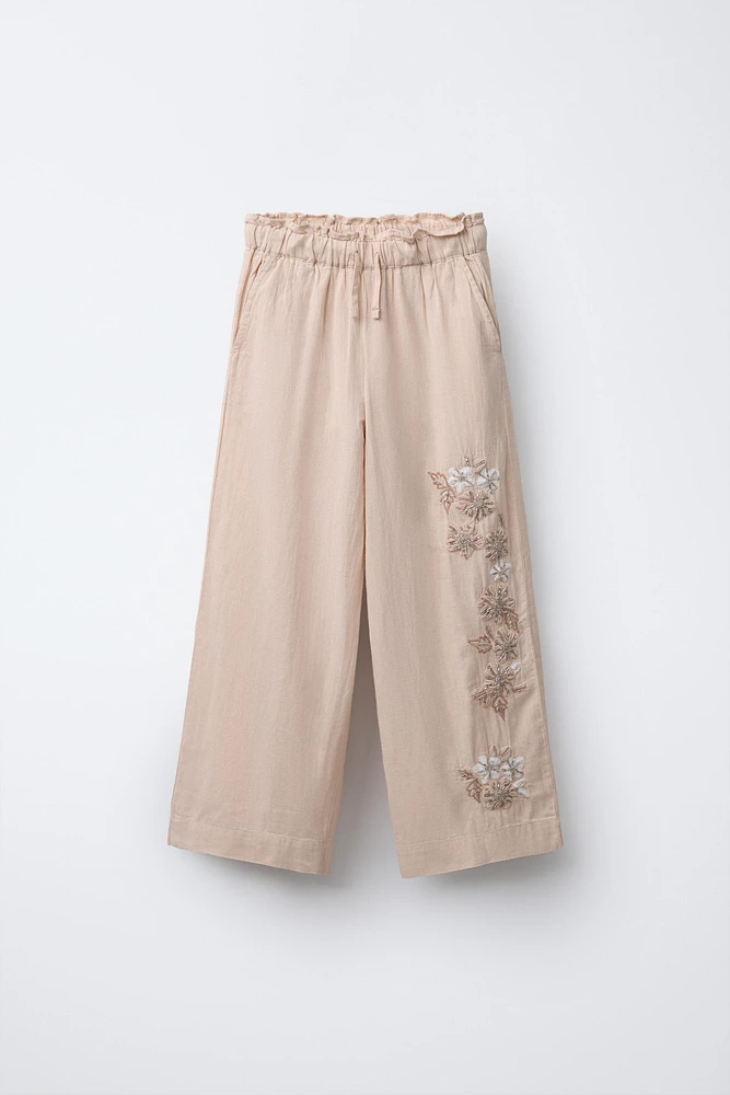 EMBROIDERED LINEN BLEND PANTS