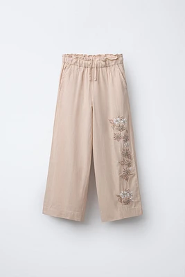 EMBROIDERED LINEN BLEND PANTS